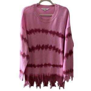 Davi & Dani Pink Tie-Dye Fringe Hem Knit Sweater